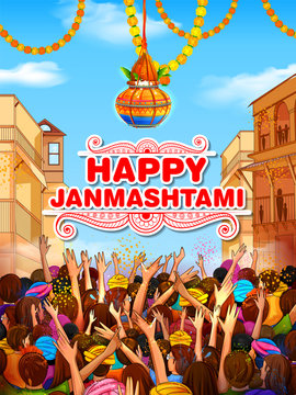 illustration of people crowd celebrating dahi handi celebration in Happy Janmashtami festival background of India
