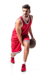 Gordijnen bearded athletic basketball player in uniform with ball Isolated On White © LIGHTFIELD STUDIOS