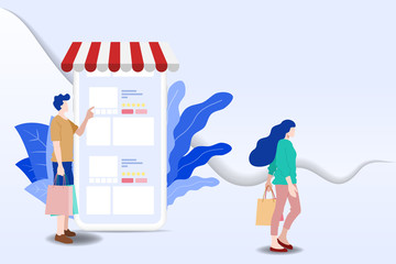 Modern flat design concept of people and Business Online Shopping for M-Commerce with decorated small people character. Landing page template for website and mobile website development UI, UX design.