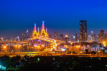Fototapeta na wymiar The Bhumibol Bridge (Industrial Ring Road Bridge) (Bangkok, Thailand) Beautiful view at twilight, Bangkok Expressway