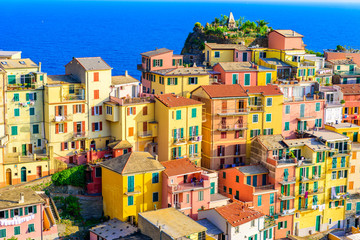 Colorful houses in Manarola Village in Cinque Terre National Park. Beautiful scenery at coast of...