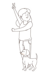 Teenager smiling and walking the dog cartoon in black and white