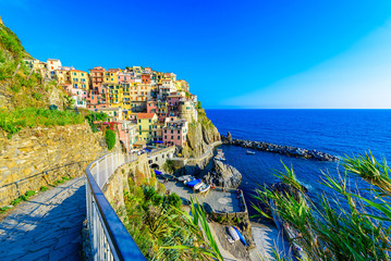 Manarola village in beautiful scenery of mountains and sea - Spectacular hiking trails in vineyard...