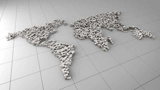 World map made by white boxes. Abstract World map.3D rendering