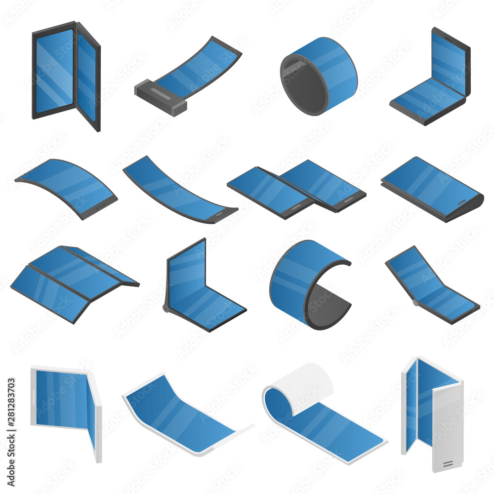 Poster flexible display icons set. isometric set of flexible display vector icons for web design isolated o