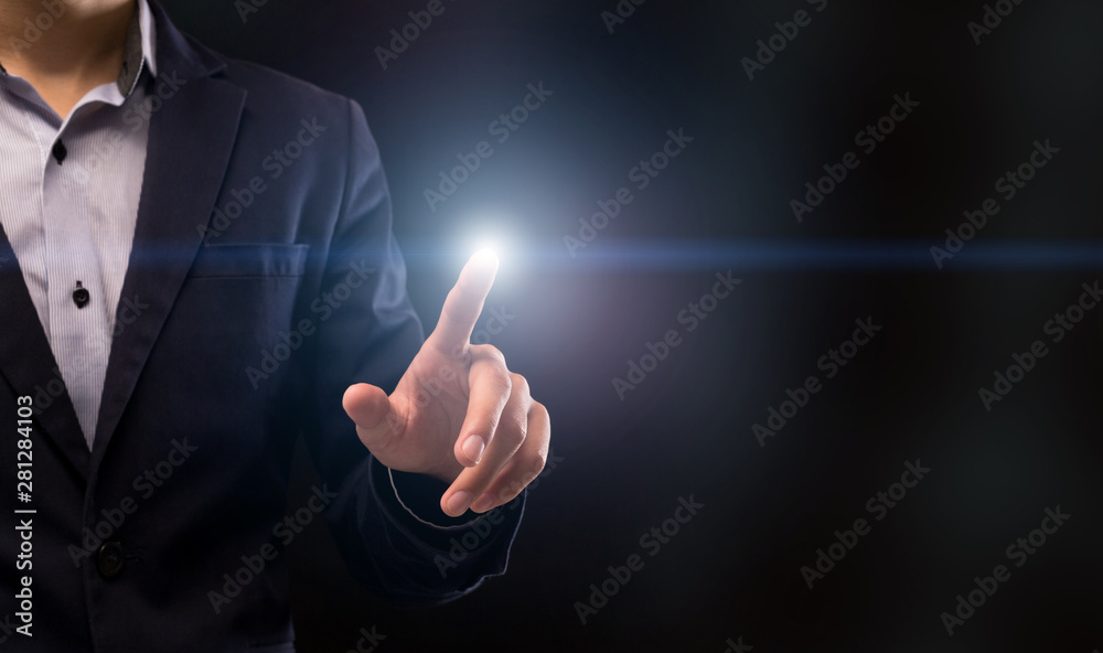 Aufkleber businessman touching lightning button on empty space on black