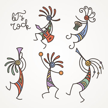 Hand drawn Kokopelli figures. Stylized mythical characters playing flutes.