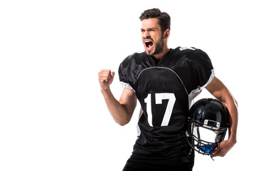 angry American Football player with clenched hand Isolated On White