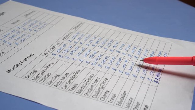 Monthly family budget planning. Household accounting and economics on the paper. Home budgeting. Calculating income and expenses