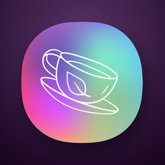 Green tea cup app icon. Natural, eco herbal drink. UI/UX user interface. Coffee shop, cafe logo. Dietary drinking. Porcelain mug with beverage. Web or mobile application. Vector isolated illustration