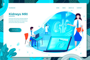 Vector illustration - kidney health hologram help with doctor. Medicine modern bright banner, site template with place for your text.