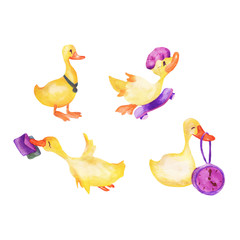 Set of watercolor characters back to school goslings kids, yellow. On a white background isolated objects. For design or print.