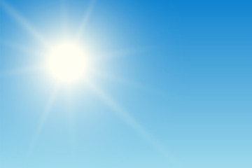 Realistic illustration of blue sky with sun and sunshine, vector