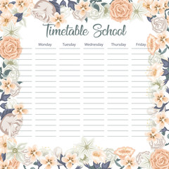 Creative school schedule card with flowers and leaves background