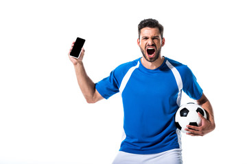 excited soccer player with ball and smartphone with blank screen Isolated On White © LIGHTFIELD STUDIOS