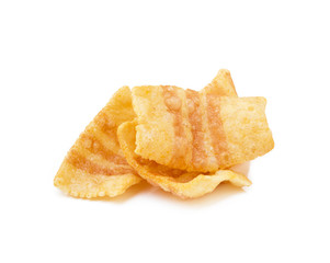 Fried wheat potato snack with smoked bacon flavor isolated on white background