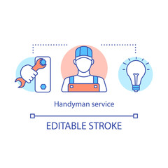 Handyman service concept icon. Handyperson assistance. Home renovation. Jack-of-all-trades. Workman help around house idea thin line illustration. Vector isolated outline drawing. Editable stroke