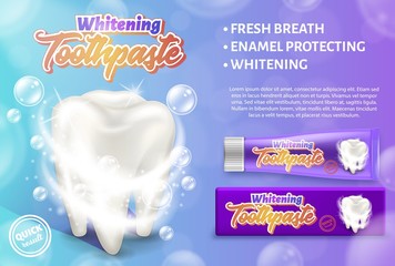 Advertising design concept of the whitening toothpaste. Realistic vector illustration of the dental care and treatment.