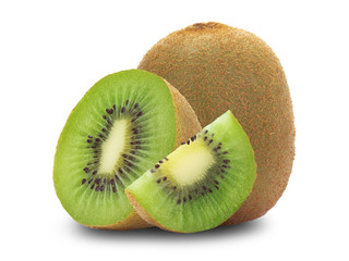 Ripe whole kiwi fruit and half and slice isolated on white background with clipping path.