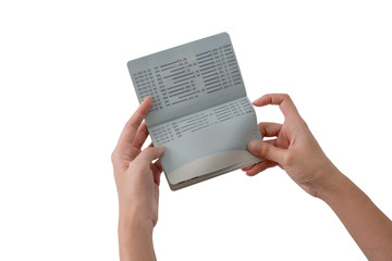 two hands open passbook for checking balance of staement with white background and clipping path