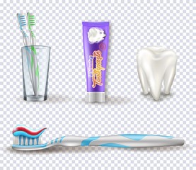 Set of the dental items. Collection of the tooth brushing objects on the transparent background.
