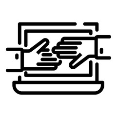 Laptop and hands icon. Outline laptop and hands vector icon for web design isolated on white background