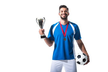 happy soccer player with trophy cup and medal Isolated On White