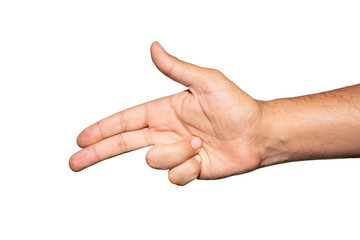 Hand with fingers set into gun gesture. Isolated on a white background. Symbolizing shooting someone into the head.