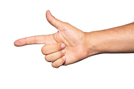 Hand with fingers set into gun gesture. Isolated on a white background. Symbolizing shooting someone into the head.