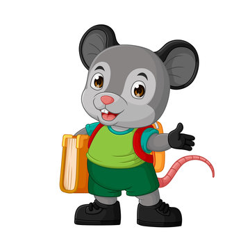 cartoon mouse carrying books going to school, isolated on white background-Vector art