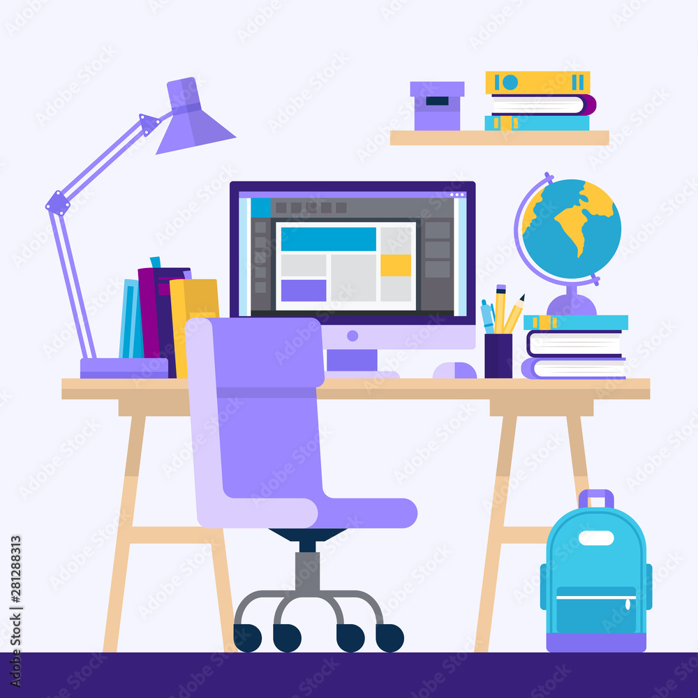 Wall mural Desk with computer and books. Concept illustration for online learning, education, office work, school or university. Vector illustration in flat style