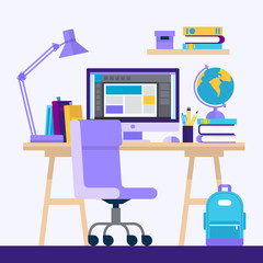 Desk with computer and books. Concept illustration for online learning, education, office work, school or university. Vector illustration in flat style
