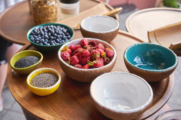 ceramic plates with delicious fruit and healthy seeds