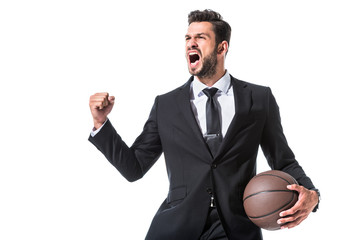 excited businessman in formal wear with basketball and clenched hand Isolated On White
