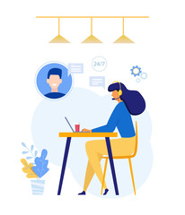 Customer service and operator concept. Vector character woman in flat style with headset consulting a client. Company online technical support
