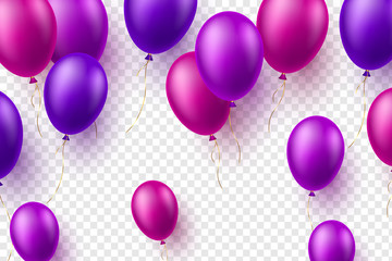 Vector glossy balloons in purple color. 3d decorative elements for holidays or birthday party. Isolated on transparent background.
