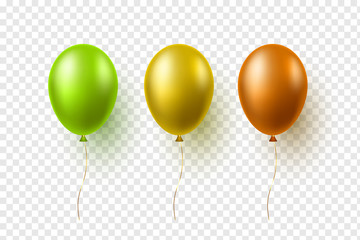 Set of vector glossy balloons in yellow, brown and green colors. 3d realistic decorative elements for holiday design. Isolated on transparent background.