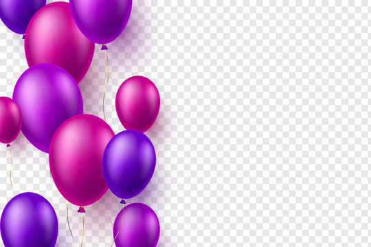 Vector glossy balloons in purple color. 3d decorative elements for holidays or birthday party. Isolated on transparent background.