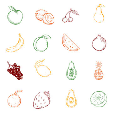 Vector Set of Color Sketch Fruits Icons.