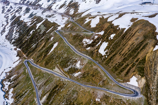 Aerial view over road to Rettenbach glacier, Soelden, Oetztal, Tyrol, Austria