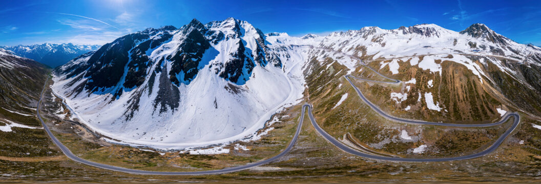 Aerial view over road to Rettenbach glacier, Soelden, Oetztal, Tyrol, Austria