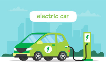 Electric car charging on city background and lettering. Concept illustration for environment, ecology, sustainability, clean air, future. Vector illustration in flat style.