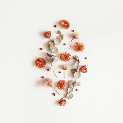 Autumn composition. Pattern made of dried flowers, eucalyptus leaves, berries on gray background. Autumn, fall, thanksgiving day concept. Flat lay, top view, square