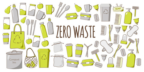 Zero waste vector illustration. Collection of various reusable and durable zero waste elements - shopping bag, net, compost bin, thermo bottle, glass jar, menstrual cup etc