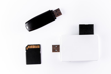 sd cards and pendrive isolated en white background