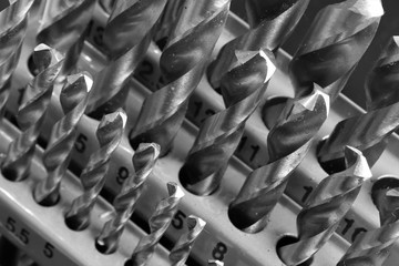Close up of a metal drill bit set.For hard metals such as stainless steel, it's best to use drill bits made of chrome vanadium, cobalt or titanium carbide.