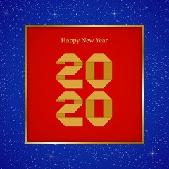 New year greetings for year 2020 with bright blue background with glowing stars with gold lights with number in the golden ribbon frame and red square