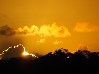 Beautiful orange sunset. The sun behind the cloud.