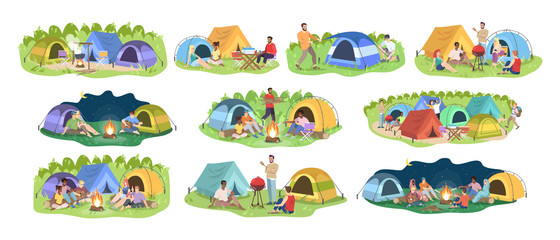 Camping festival flat vector illustrations set. Happy men and women, young campers cartoon characters. Outdoor picnic, seasonal nature recreation. Summer forest rest isolated on white background