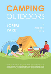 Obraz premium Camping outdoors brochure template. Summer rest flyer, booklet, leaflet concept with flat illustrations. Vector page layout for magazine. Outdoor picnic advertising invitation with text space